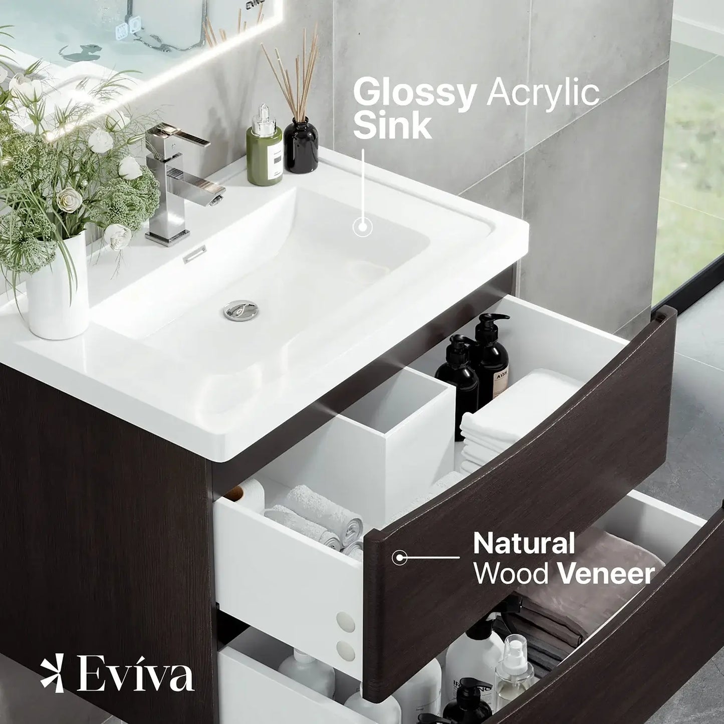 Eviva Smile 30" Wall Mount Modern Bathroom Vanity Set with Integrated White Acrylic Sink