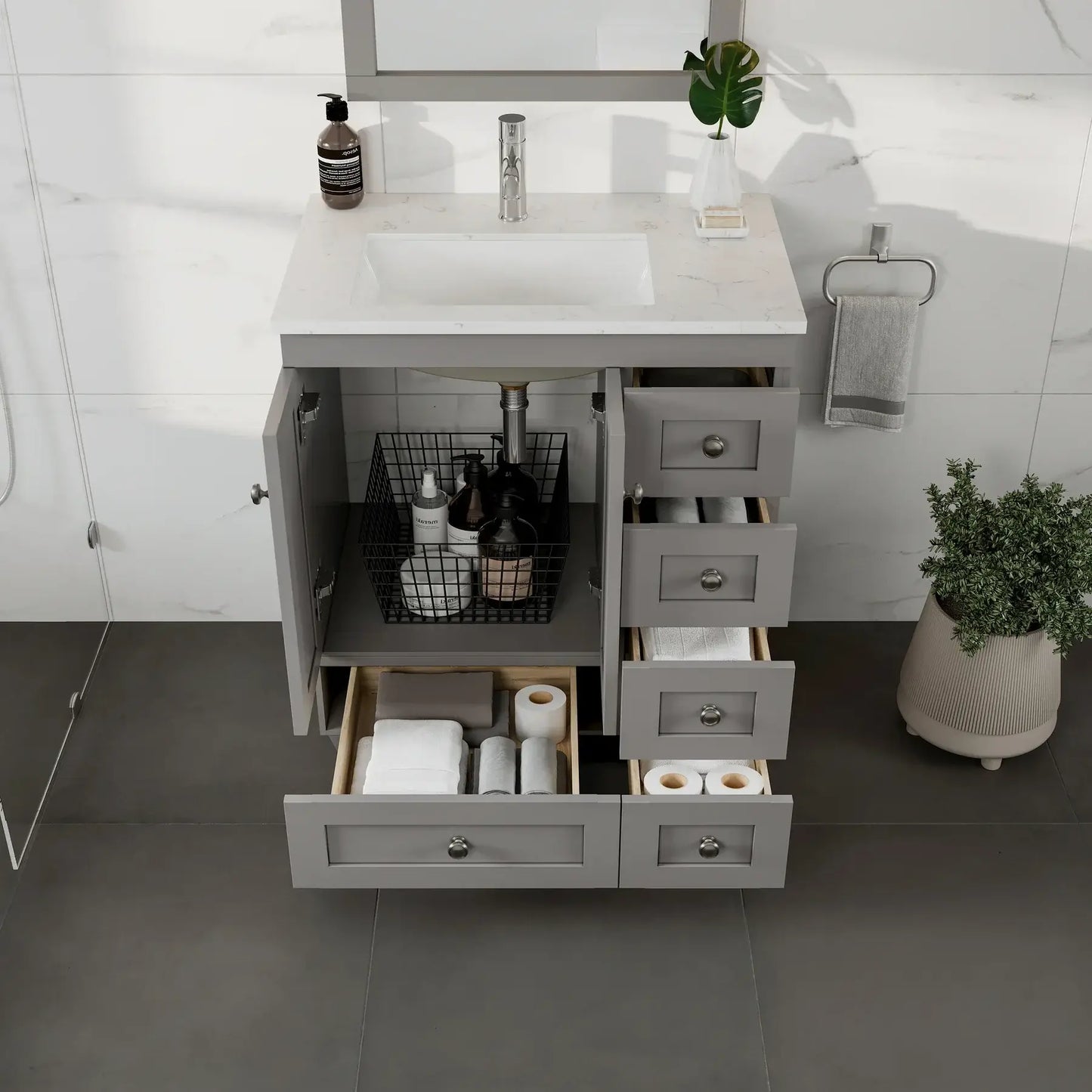 Happy 28"W x 18"D Bathroom Vanity with White Carrara Quartz Countertop and Undermount Porcelain Sink