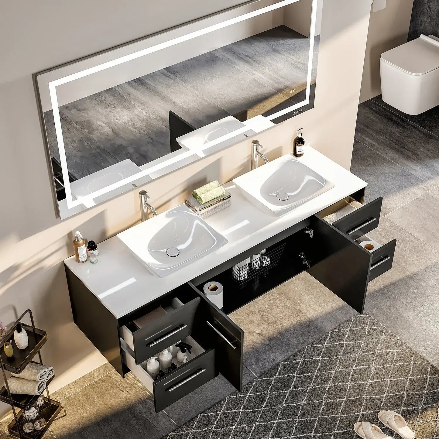 Totti Wave 60" Modern Double Sink Bathroom Vanity w/ Super White Man-Made Stone Top & Sinks