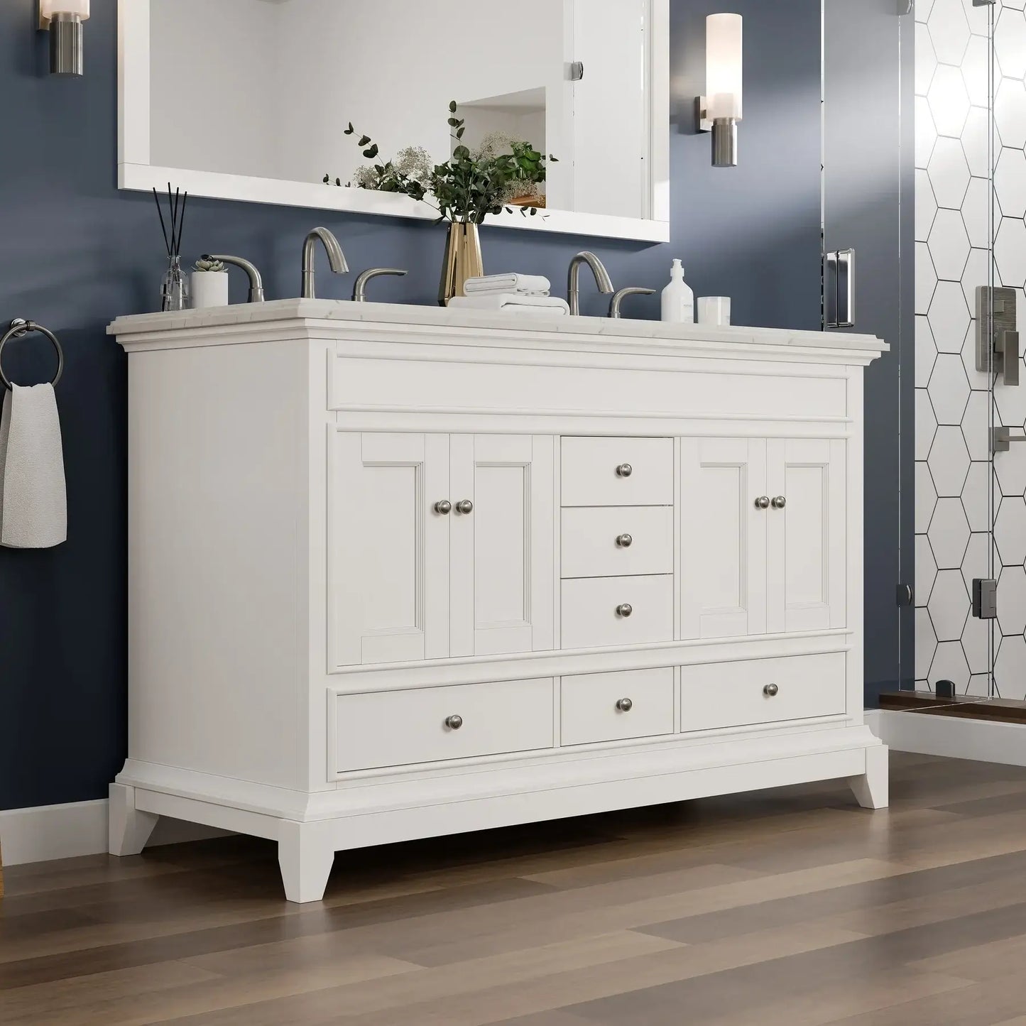 Elite Stamford 48"W x 22"D Double Sink Bathroom Vanity with White Carrara Quartz Countertop and Undermount Porcelain Sinks