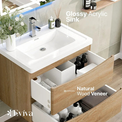 Eviva Smile 30" Wall Mount Modern Bathroom Vanity Set with Integrated White Acrylic Sink