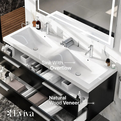 Surf 57"W x 20"D Wall Mount Double Sink Bathroom Vanity with White Acrylic Countertop and Integrated Sinks