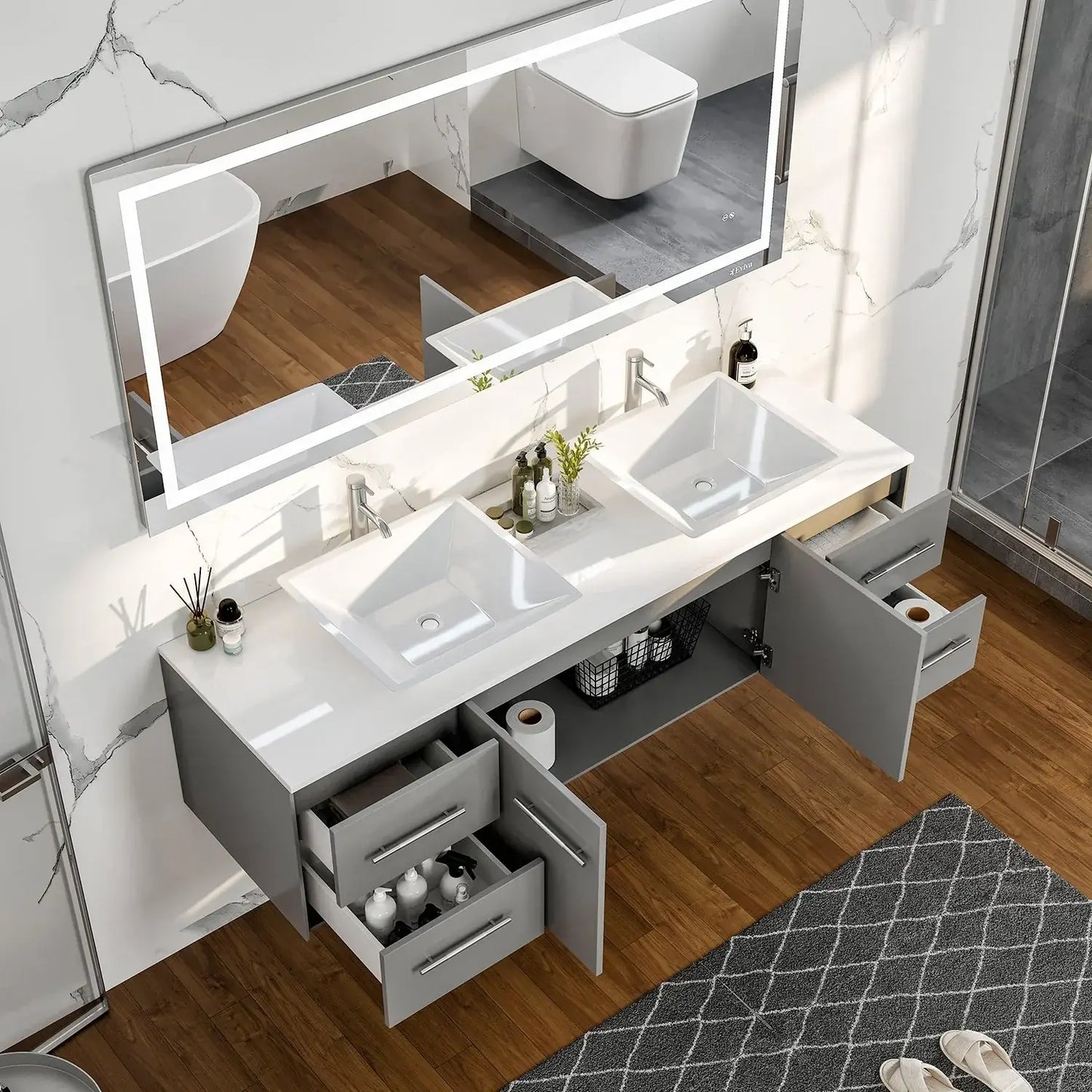 Totti Wave 72" Modern Double Sink Bathroom Vanity w/ Super White Man-Made Stone Top & Sinks