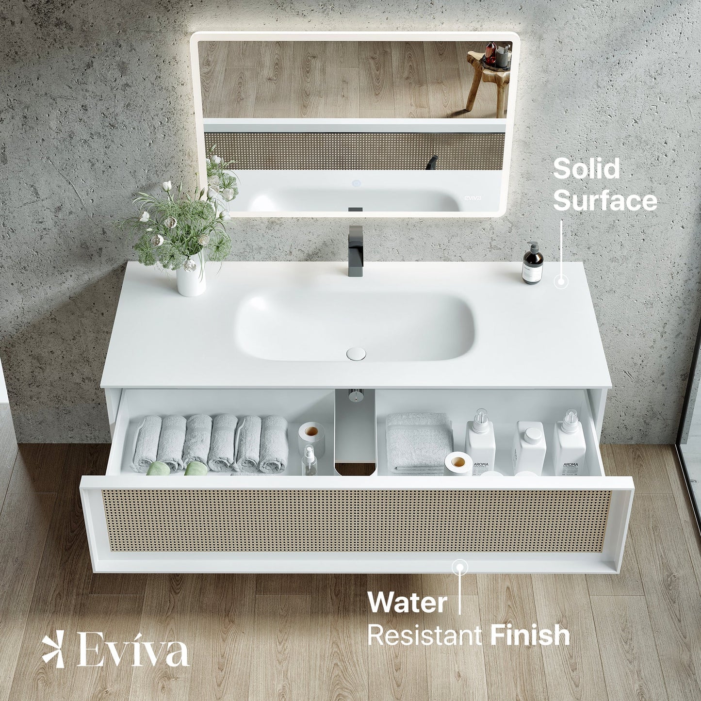 Nets 39"W x 20"D Natural Oak Wall Mount Bathroom Vanity with White Solid Surface Countertop and Integrated Sink