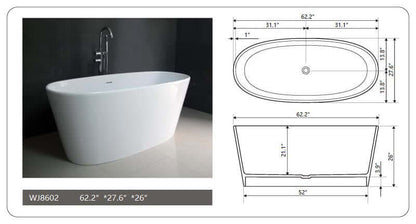 62.2" Freestanding White Matte Solid Surface Bathtub