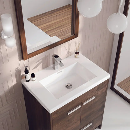 Lugano 30"W x 20"D Single Sink Bathroom Vanity with White Acrylic Countertop and Integrated Sink