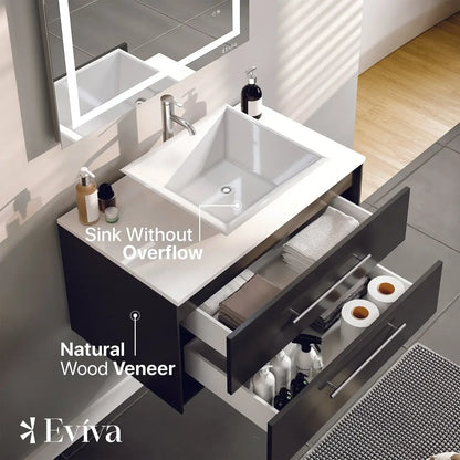 Totti Wave 30" Espresso Modern Bathroom Vanity w/ Super White Man-Made Stone Top & Sink