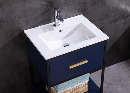 24" Blue Single Sink Freestanding Bathroom Vanity with Black Metal Frame - PVC and Integrated Ceramic