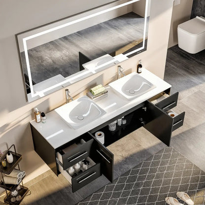 Totti Wave 72" Modern Double Sink Bathroom Vanity w/ Super White Man-Made Stone Top & Sinks