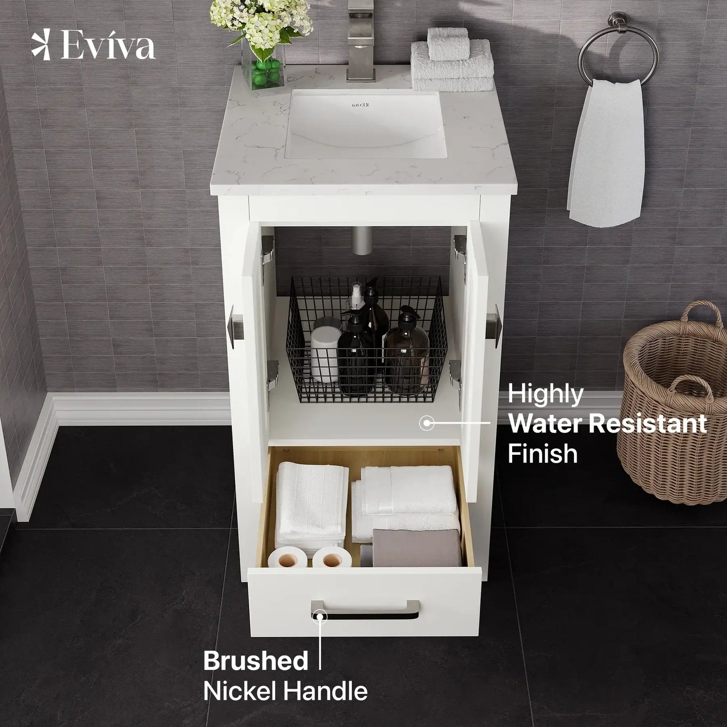 Eviva London 20" Transitional bathroom vanity with white Carrara marble countertop