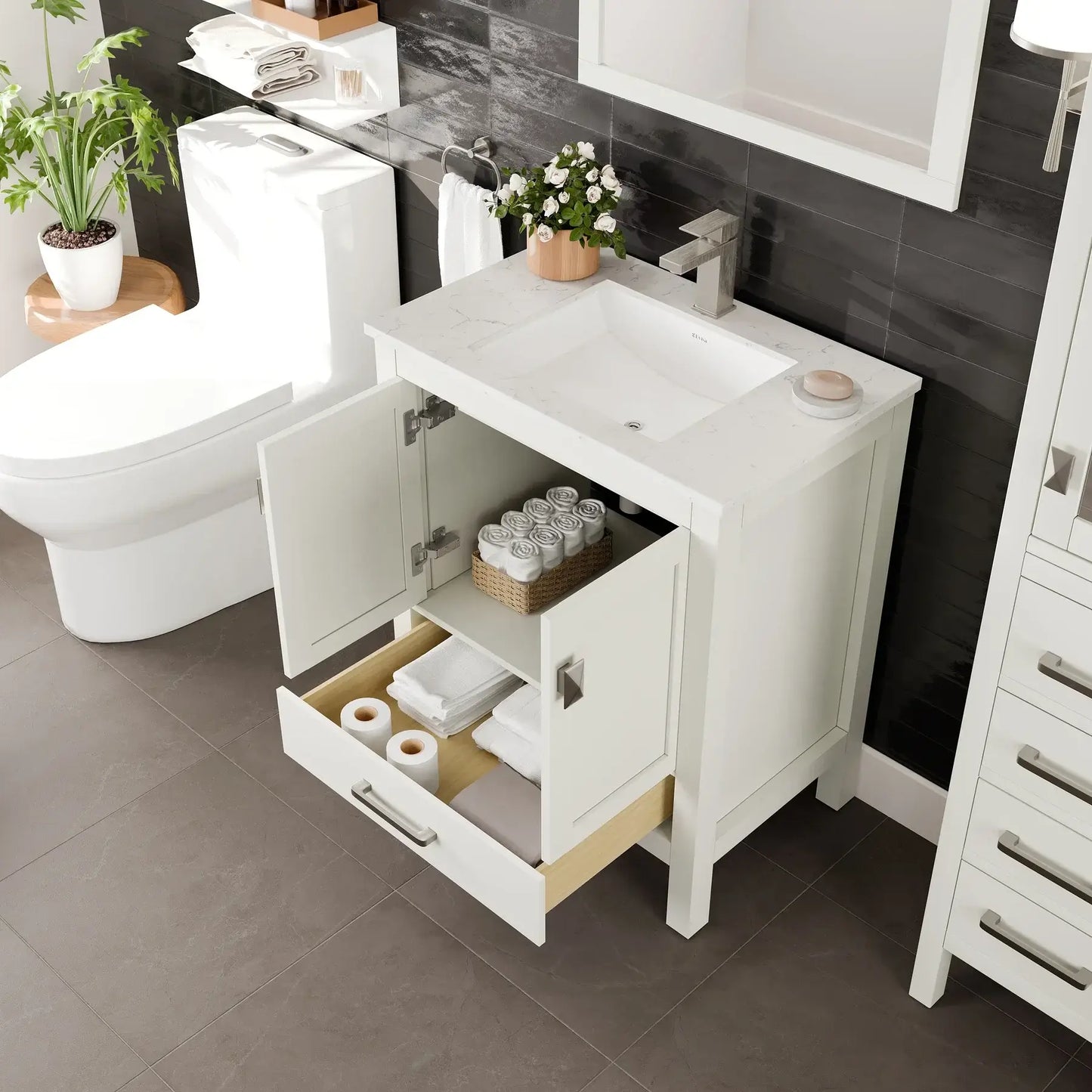 Eviva London 30" x 18" Transitional Bathroom Vanity w/ White Carrara Top