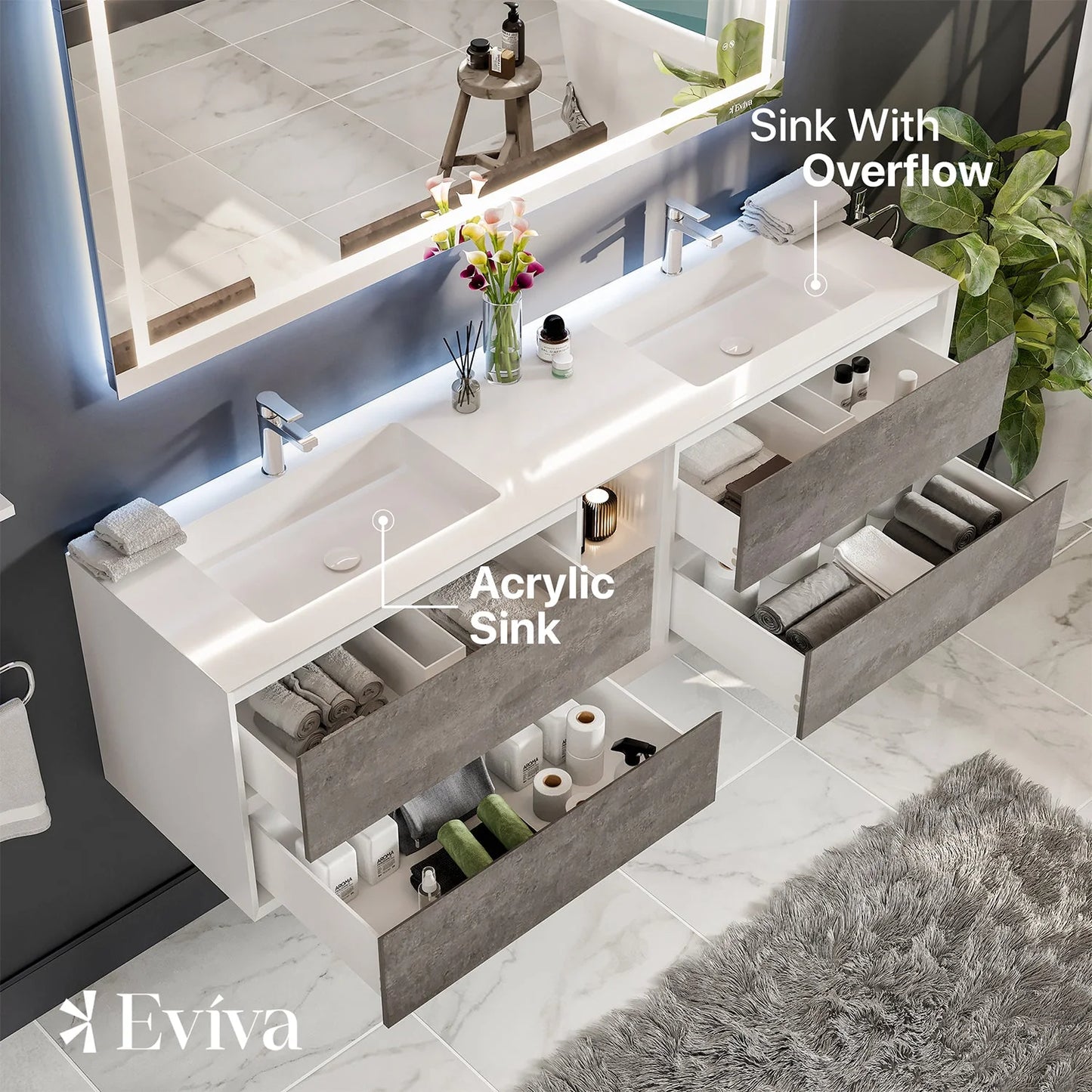 Vienna 75"W x 21"D Double Sink Wall Mount Bathroom Vanity with Acrylic Countertop and Integrated Sink