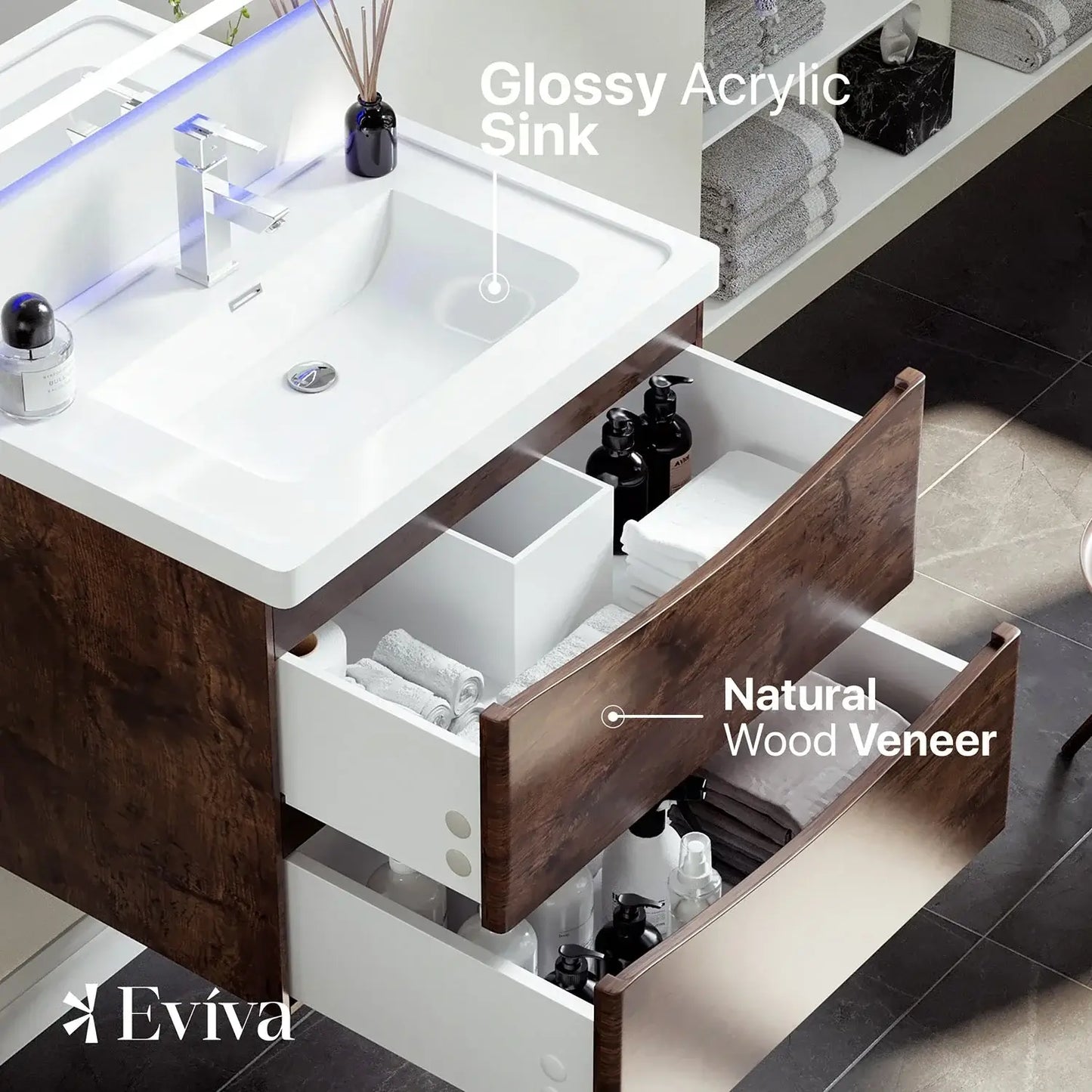 Eviva Smile 30" Wall Mount Modern Bathroom Vanity Set with Integrated White Acrylic Sink