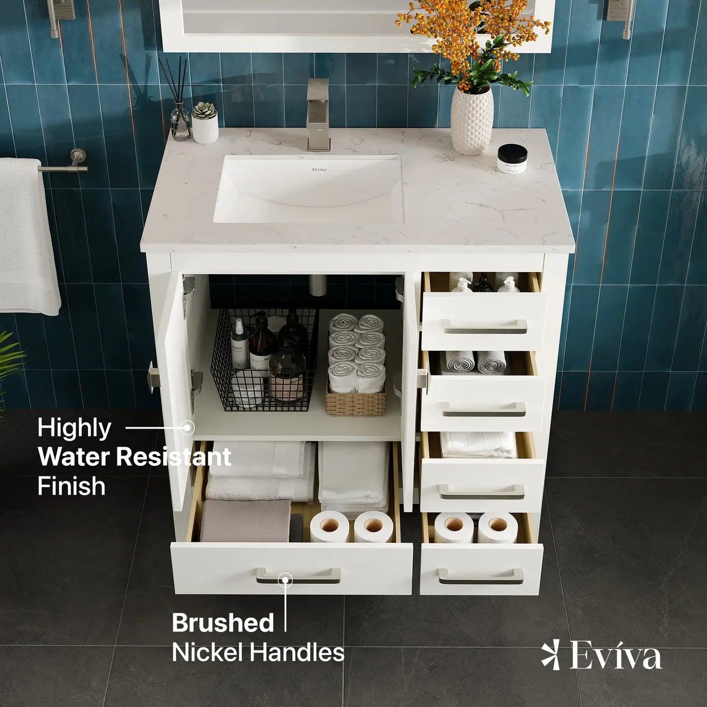 Eviva London 36" Transitional Bathroom Vanity with White Carrara Marble Countertop