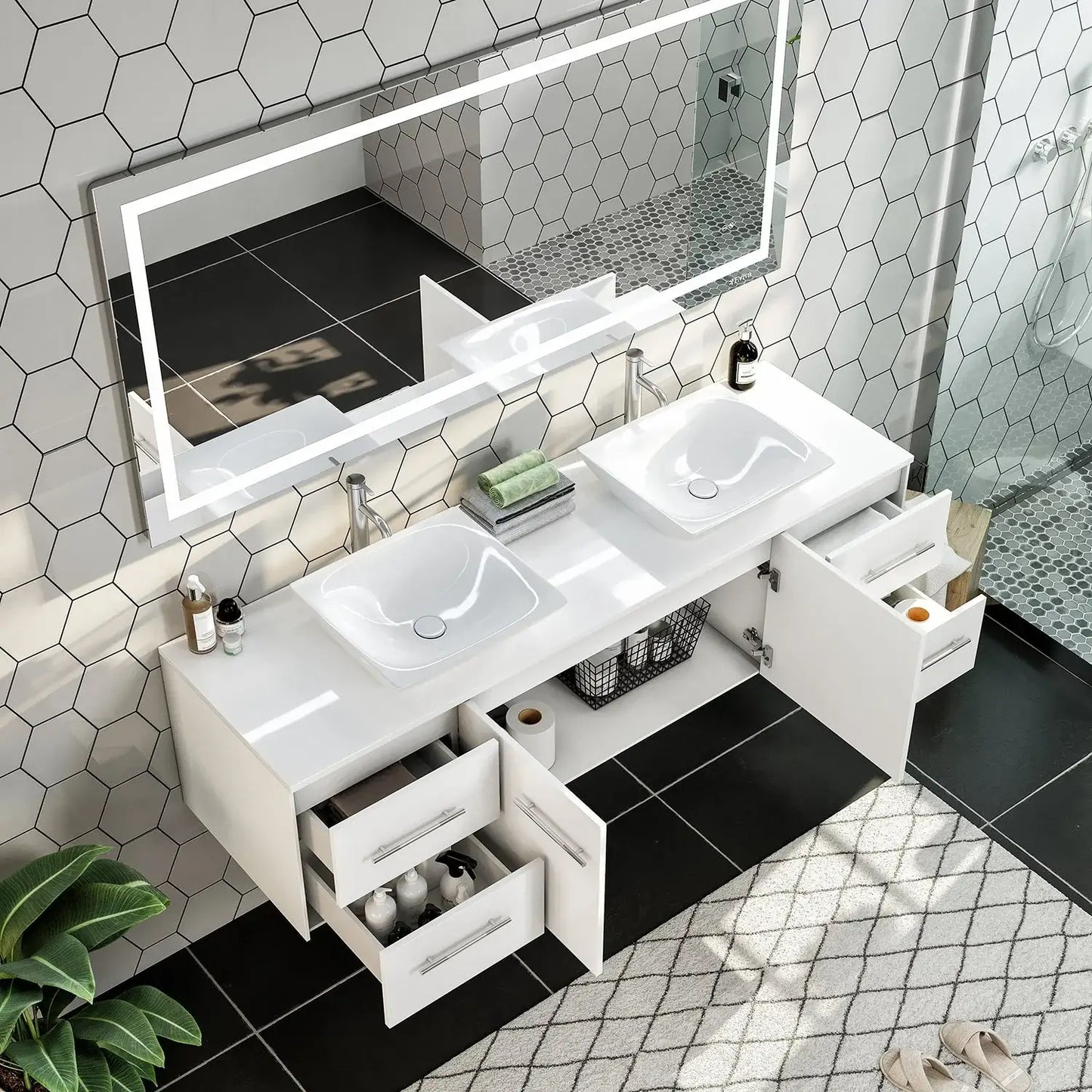 Totti Wave 72" Modern Double Sink Bathroom Vanity w/ Super White Man-Made Stone Top & Sinks