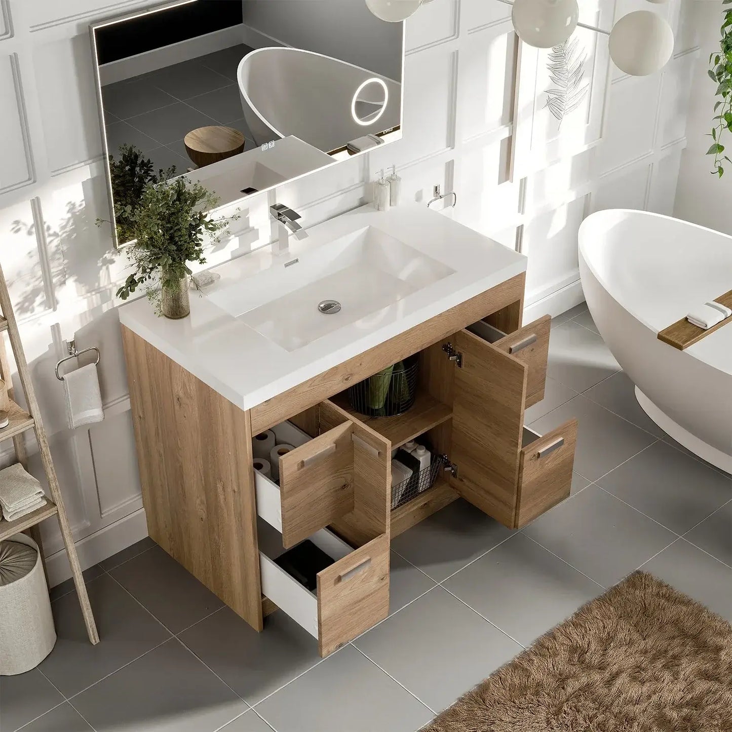 Lugano 42"W x 20"D Single Sink Bathroom Vanity with White Acrylic Countertop and Integrated Sink