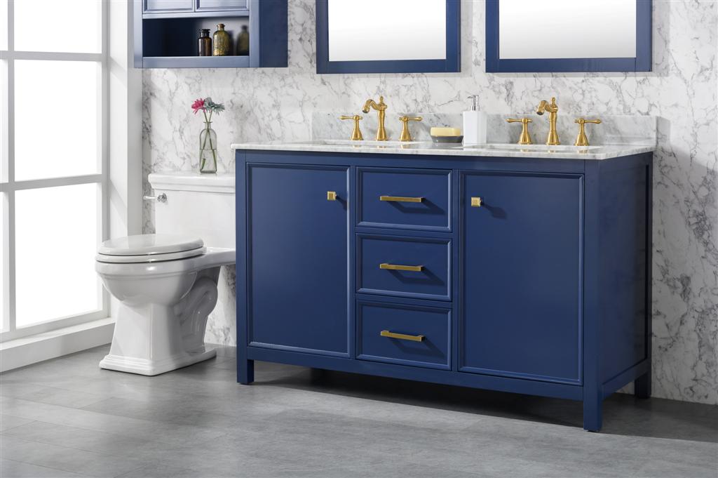 54" Double Sink Vanity Cabinet with Carrara White Marble or Blue Limestone Countertop