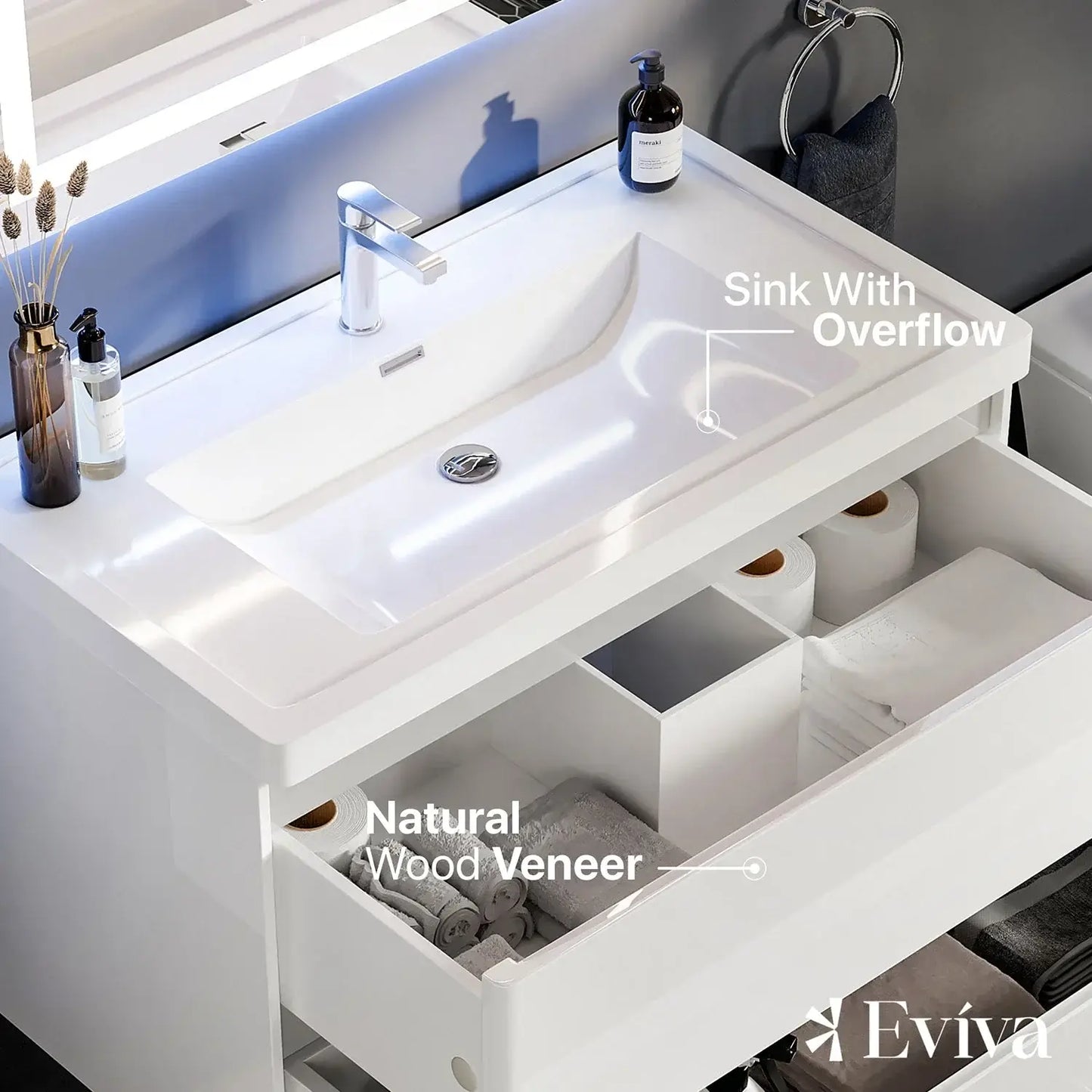 Glazzy 36"W x 18"D White Wall Mount Bathroom Vanity with White Acrylic Countertop and Integrated Sink