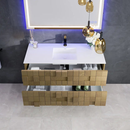 Mosaic 49"W x 18"D Natural Oak Wall Mount Bathroom Vanity with White Solid Surface Countertop and Integrated Sink