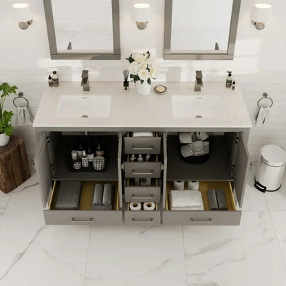 London 60"W x 18"D Double Sink Bathroom Vanity with White Carrara Quartz Countertop and Undermount Porcelain Sinks