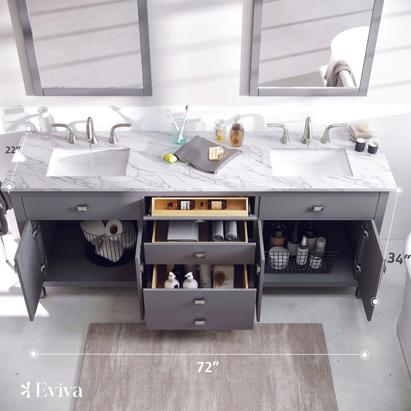 Artemis 72"W x 22"D Double Sink Bathroom Vanity with Carrara Quartz Countertop and Undermount Porcelain Sink