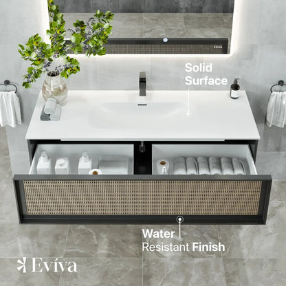 Eviva Nets 44 Inch Natural Oak and Black Wall Mount Modern Bathroom Vanity