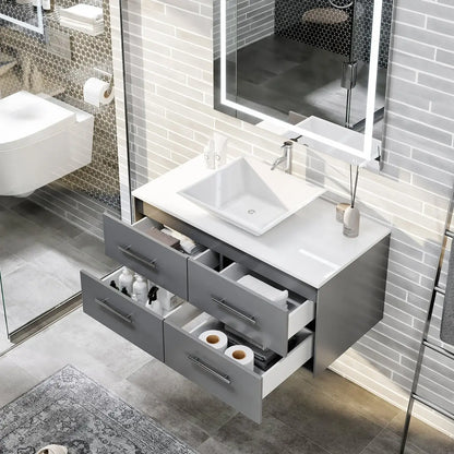 Totti Wave 36" Modern Bathroom Vanity w/ Super White Man-Made Stone Top & Sink