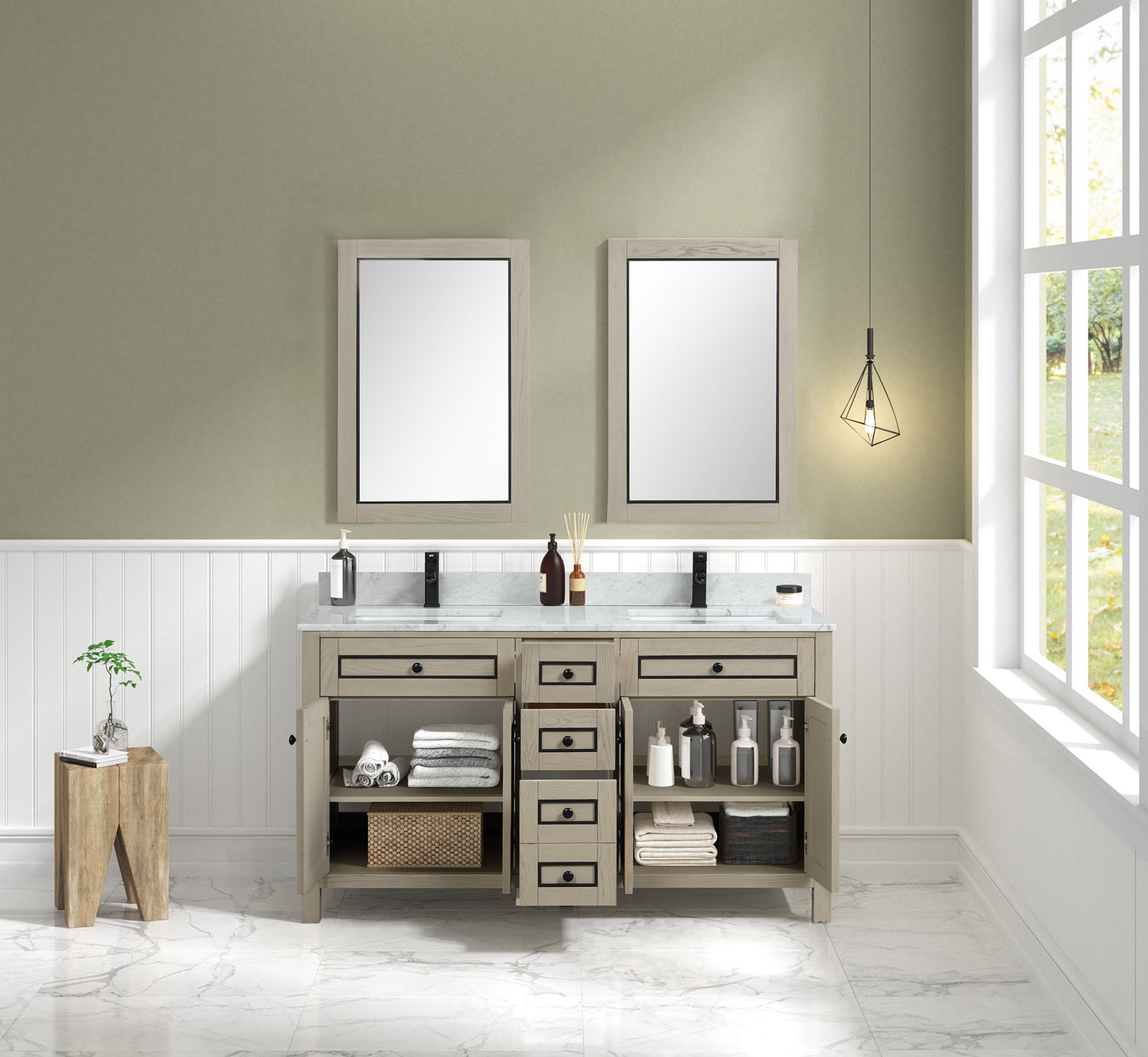 60" Double Sink Vanity with White Carrara Marble Top