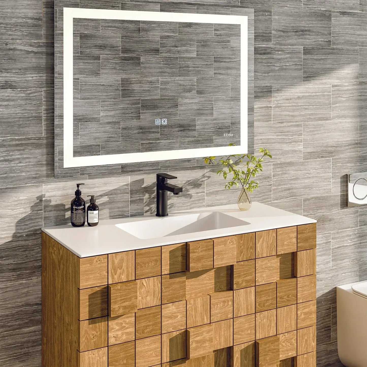 Eviva Mosaic 33 in. Wall Mounted Oak Bathroom Vanity with White Integrated Solid Surface Countertop