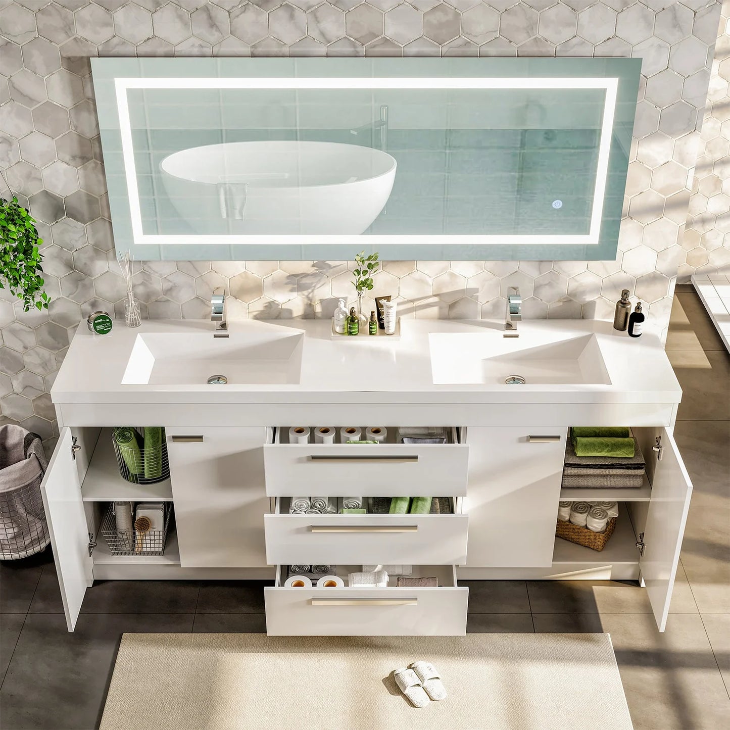 Lugano 84"W x 20"D Double Sink Bathroom Vanity with Acrylic Countertop and Integrated Sink