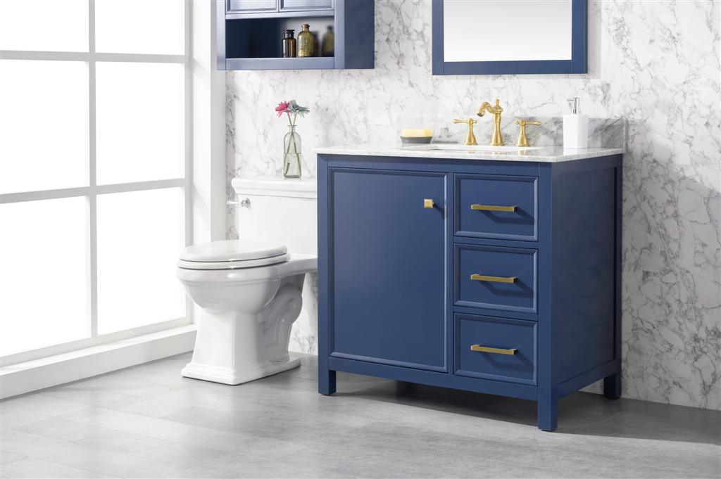 36" Single Sink Vanity Cabinet with Carrara White Marble or Blue Limestone Countertop