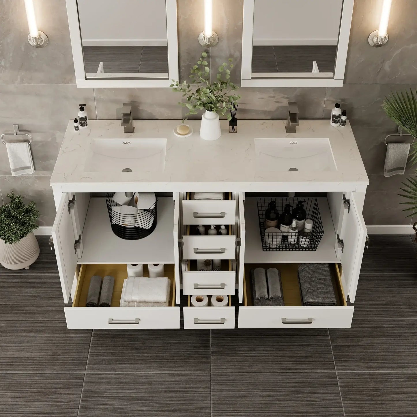 London 60"W x 18"D Double Sink Bathroom Vanity with White Carrara Quartz Countertop and Undermount Porcelain Sinks