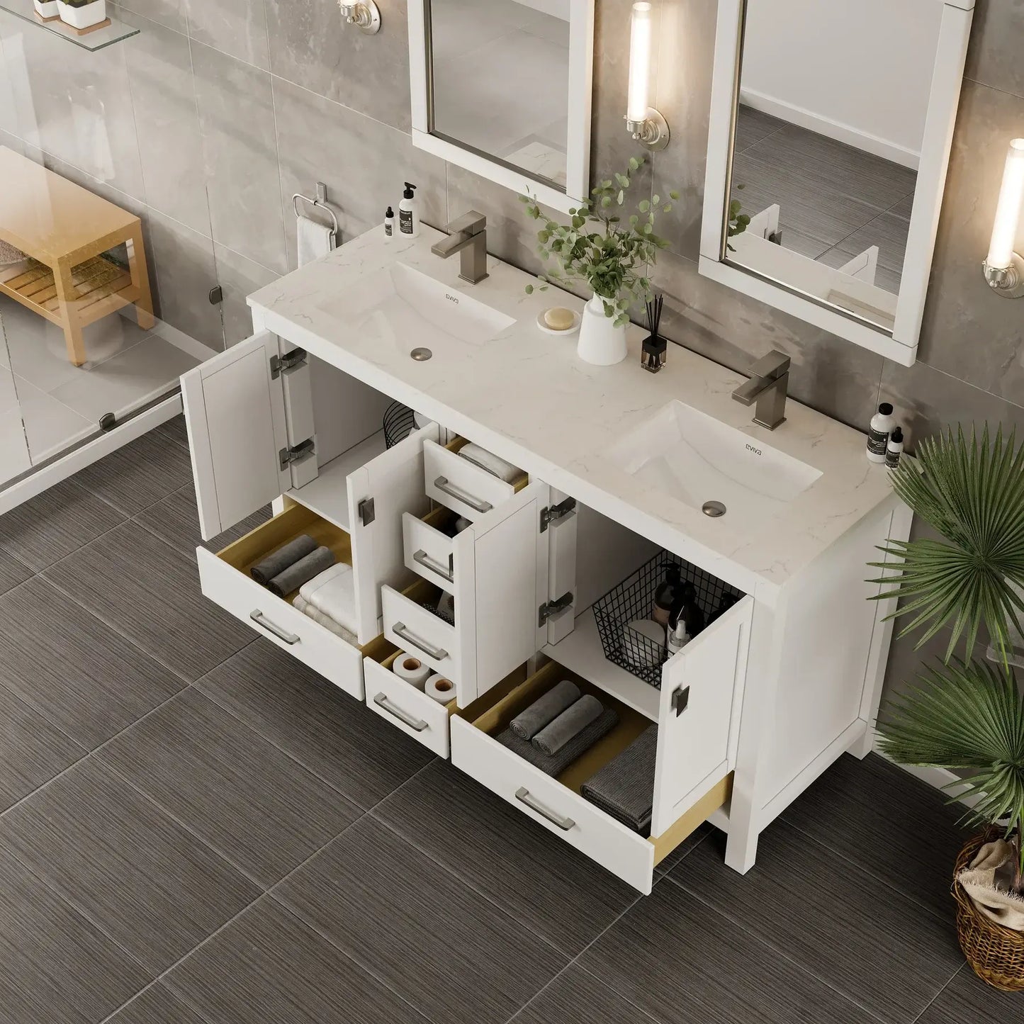 London 60"W x 18"D Double Sink Bathroom Vanity with White Carrara Quartz Countertop and Undermount Porcelain Sinks