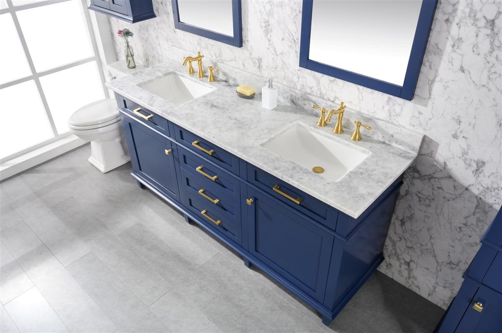 72" Double Sink Vanity Cabinet with Carrara White Marble or Blue Limestone Countertop