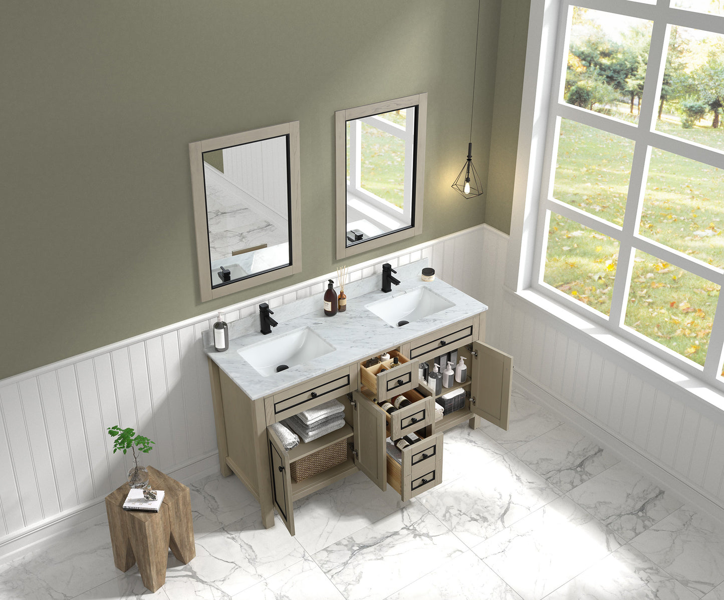 60" Double Sink Vanity with White Carrara Marble Top