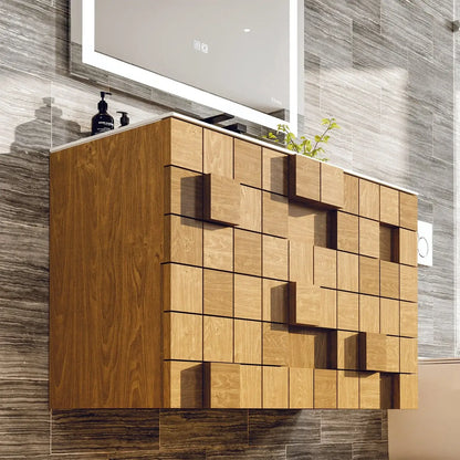 Eviva Mosaic 33 in. Wall Mounted Oak Bathroom Vanity with White Integrated Solid Surface Countertop