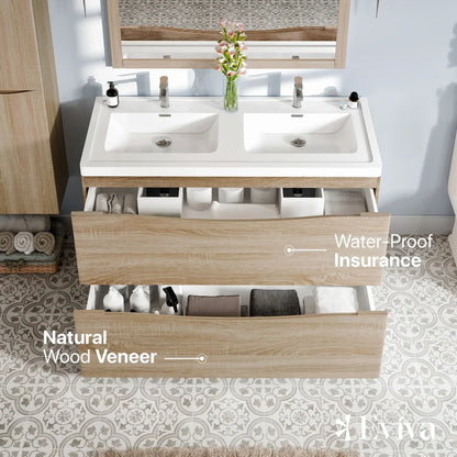 Eviva Smile 48" White Oak Freestanding Modern Double Sink Bathroom Vanity w/ White Integrated Top