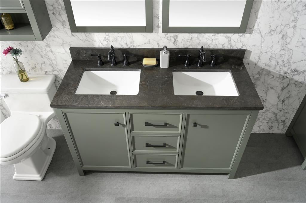 54" Double Sink Vanity Cabinet with Carrara White Marble or Blue Limestone Countertop