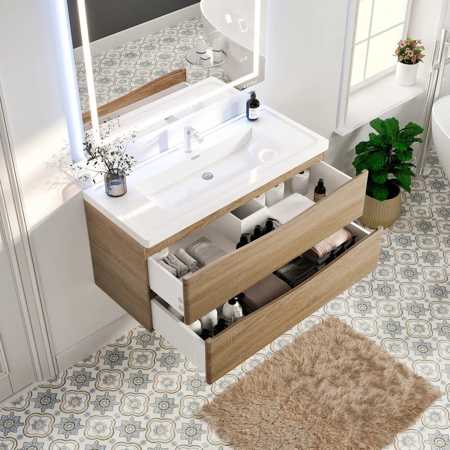 Eviva Smile 48" White Oak Wall Mount Modern Bathroom Vanity w/ White Integrated Top