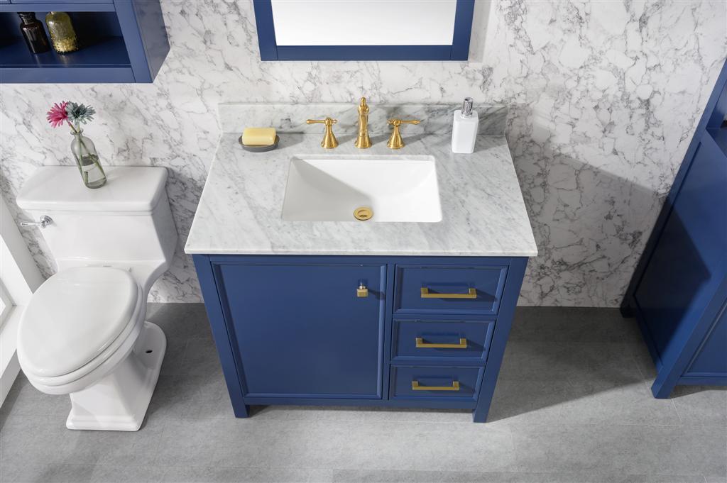 36" Single Sink Vanity Cabinet with Carrara White Marble or Blue Limestone Countertop