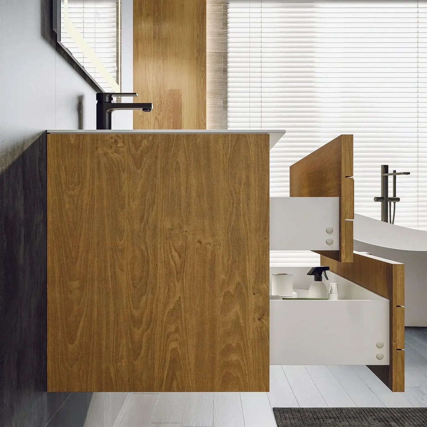 Eviva Mosaic 36 in. Wall Mounted Oak Bathroom Vanity with White Integrated Solid Surface Countertop