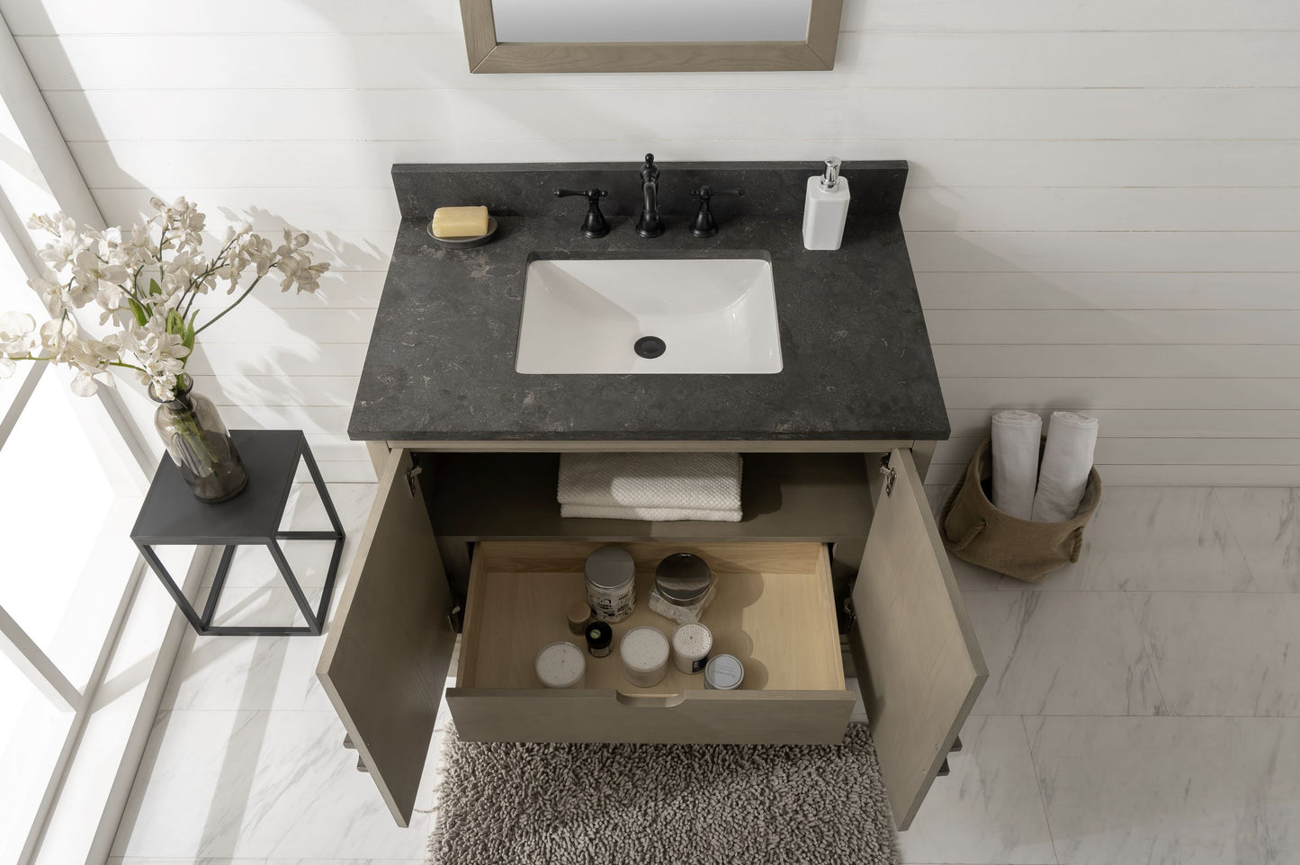 36" Antique Gray Single Sink Vanity with White Carrara Marble or Blue Limestone Top