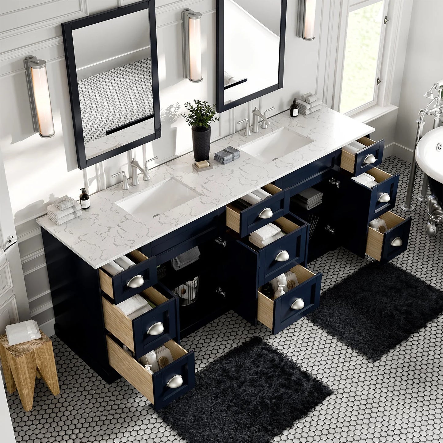 Epic 84"W x 22"D Double Sink Bathroom Vanity with Carrara Quartz Countertop and Undermount Porcelain Sink