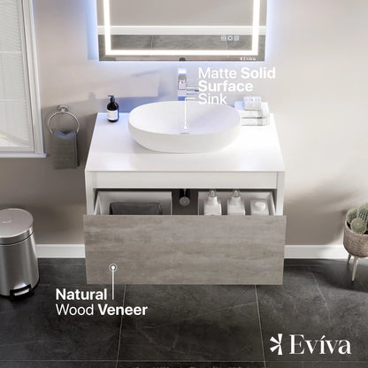 Santa Monica 36"W x 22"D Wall Mount Bathroom Vanity with Solid Surface Countertop and Vessel Solid Surface Sink