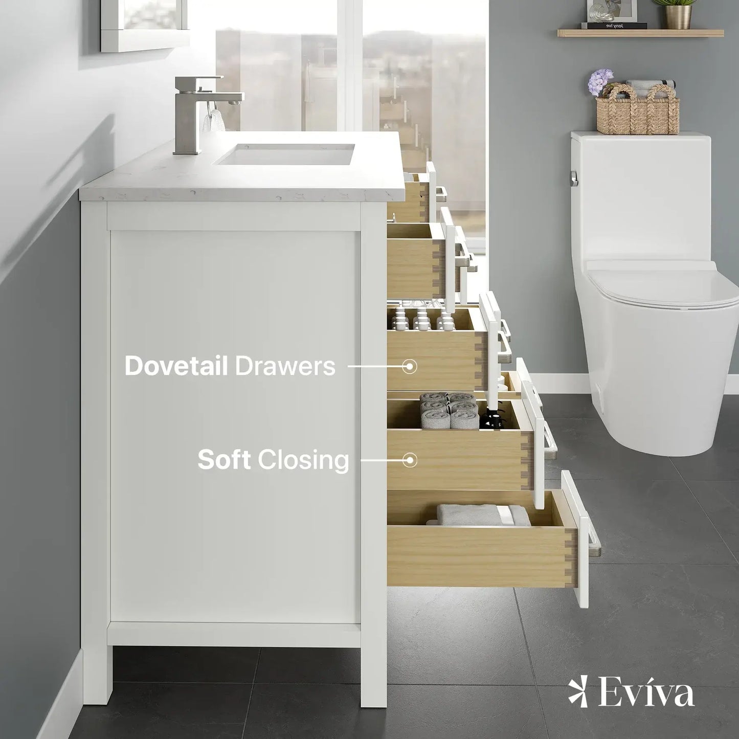 Eviva London 42 in. Transitional Bathroom Vanity with White Carrara Marble Countertop