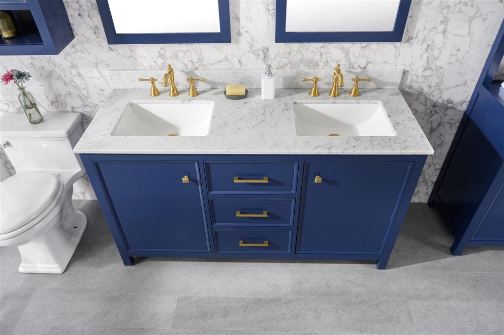 60" Double Sink Vanity Cabinet with Carrara White Marble or Blue Limestone Countertop