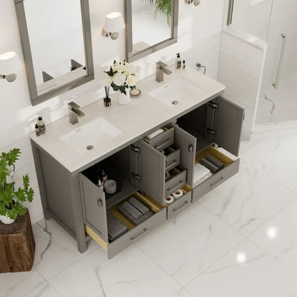 London 60"W x 18"D Double Sink Bathroom Vanity with White Carrara Quartz Countertop and Undermount Porcelain Sinks