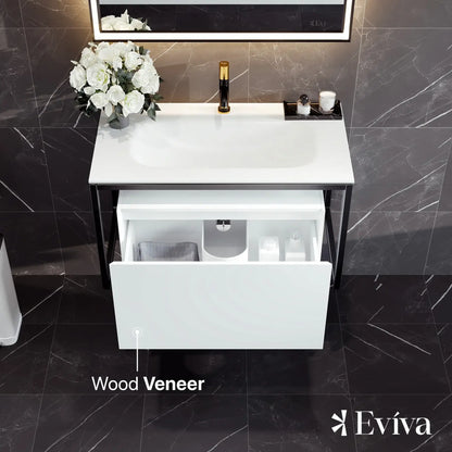 Modena 32"W x 18"D Wall Mount Bathroom Vanity with White Solid Surface Countertop and Integrated Sink