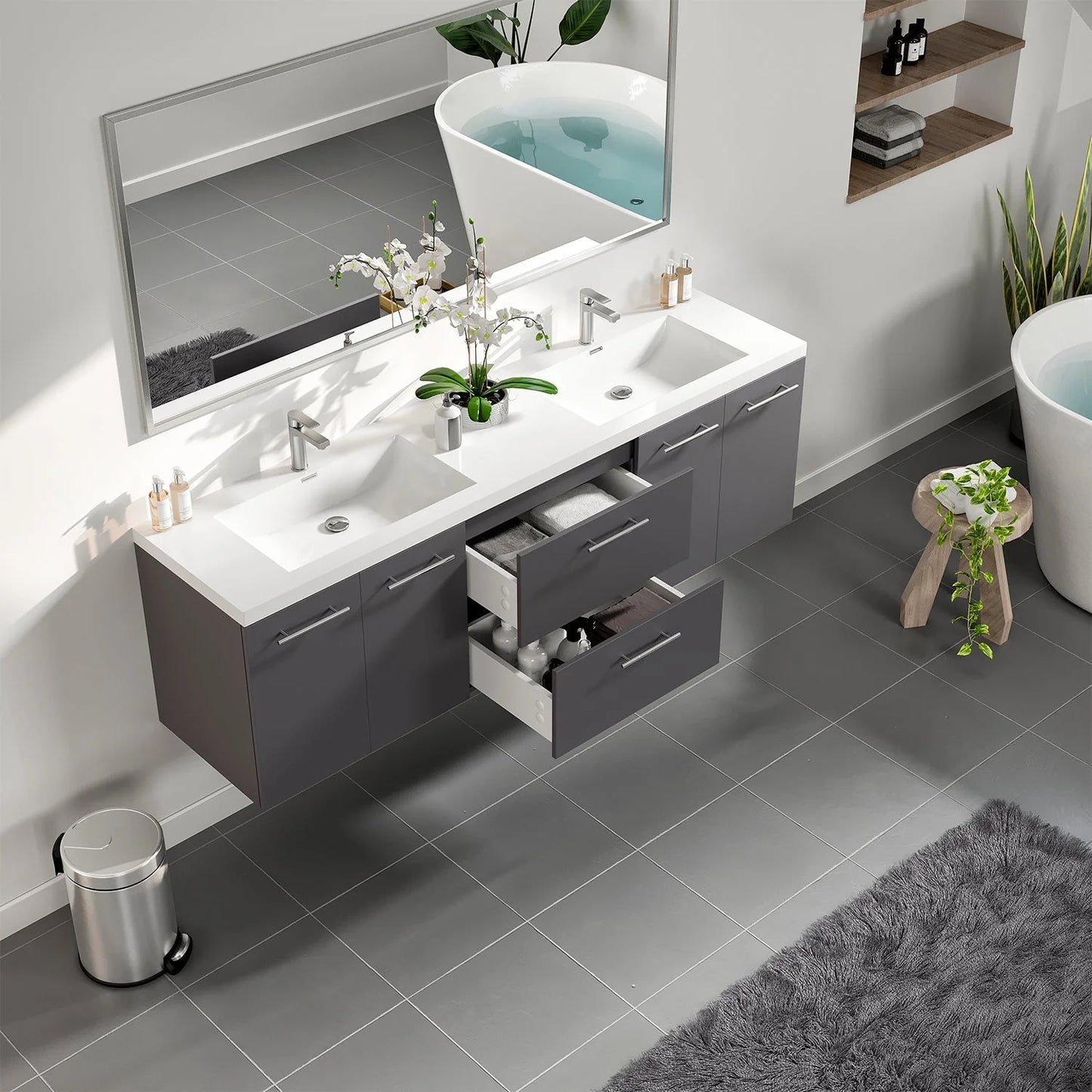 Axis 72"W x 20"D Wall Mount Double Sink Bathroom Vanity with White Acrylic Countertop and Integrated Sinks