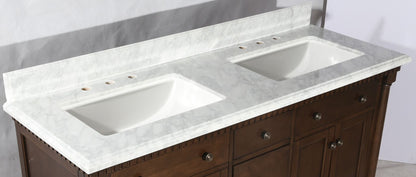 60" Antique Coffee Freestanding Double Sink Vanity with Carrara Marble White Top and Matching Backsplash